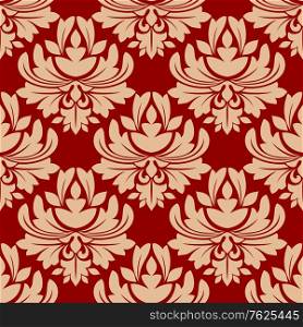 Seamless bold beige colored floral arabesque pattern in damask style motifs suitable for wallpaper, tiles and fabric design isolated over red colored background