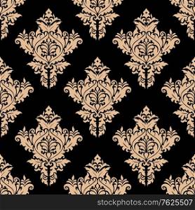 Seamless bold beige colored floral arabesque pattern in damask style motifs suitable for wallpaper, tiles and fabric design isolated over black colored background. Floral seamless arabesque pattern