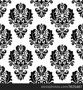 Seamless bold black colored floral arabesque pattern in damask style motifs suitable for wallpaper, tiles and fabric design isolated over white colored background. Floral seamless arabesque pattern