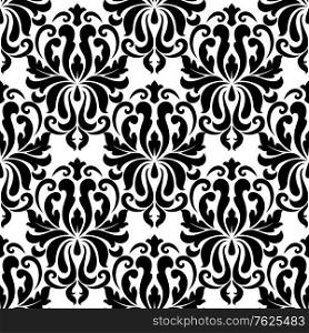 Seamless bold black colored floral arabesque pattern in damask style motifs suitable for wallpaper, tiles and fabric design isolated over white colored background. Floral seamless arabesque pattern