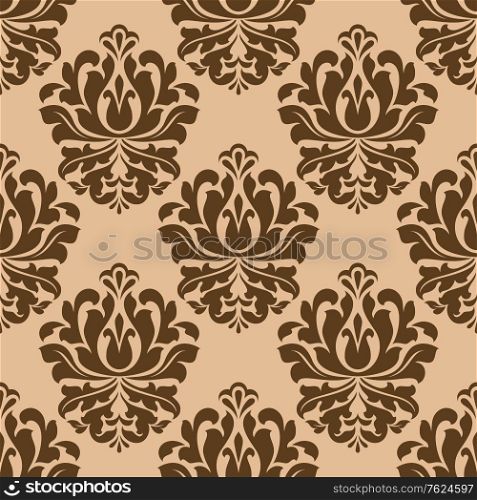 Seamless bold brown colored floral arabesque pattern in damask style motifs suitable for wallpaper, tiles and fabric design isolated over light brown colored background. Floral seamless arabesque pattern