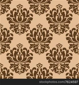 Seamless bold brown colored floral arabesque pattern in damask style motifs suitable for wallpaper, tiles and fabric design isolated over light brown colored background. Floral seamless arabesque pattern