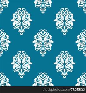 Seamless bold white floral arabesque pattern in damask style motifs suitable for wallpaper, tiles and fabric design isolated over cyan colored background. Floral seamless arabesque pattern