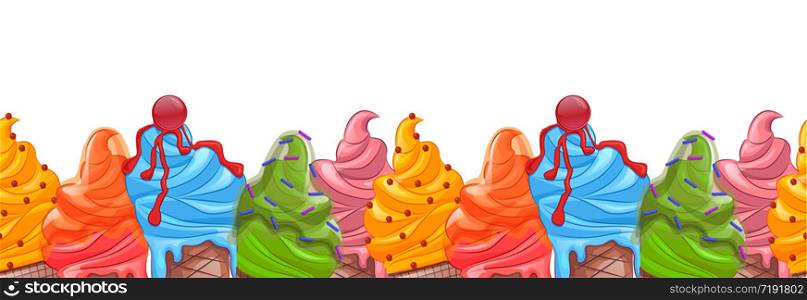 Seamless border of cartoon colored ice cream with various decorations. Vector background for your design and creativity. Seamless border of cartoon colored ice cream with various decora