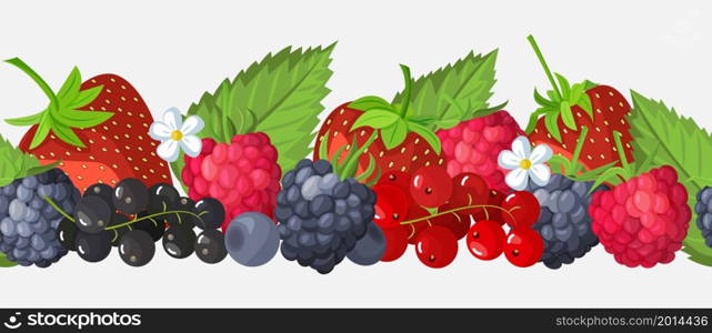 Seamless border of fruits and berries. Blueberries, currants, cherries, strawberries, blackberries, raspberries. Vector illustration