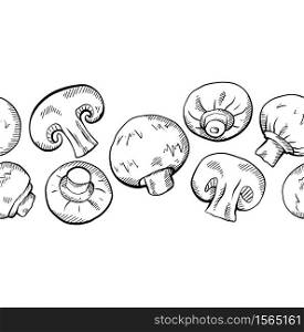 Seamless border of hand drawn sketch of champignon mushrooms with hatching isolated from background. Healthy wholesome vegetarian food. Vector engraving texture for frame and your creativity.. Seamless border of hand drawn sketch of champignon mushrooms with hatching isolated from background. Healthy wholesome vegetarian food. Vector engraving texture