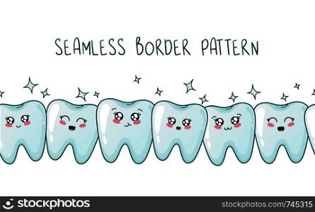 Seamless border pattern - kawaii healthy teeth together with emodji, cute cartoon characters - oral hygiene, brushing, dental care concept. Vector flat illustration. kawaii dental care