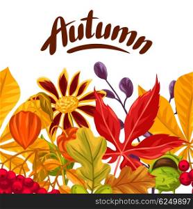 Seamless border with autumn leaves and plants. Background easy to use for backdrop, textile, wrapping paper.