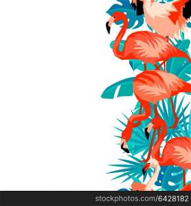 Seamless border with flamingo. Tropical bright abstract birds and palm leaves. Seamless border with flamingo. Tropical bright abstract birds and palm leaves.