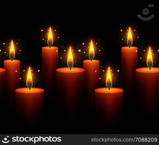 Seamless border with luminous candles on a dark background. Vector border for your creativity. Seamless border with luminous candles on a dark background.