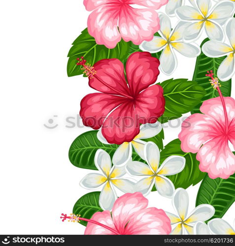 Seamless border with tropical flowers hibiscus and plumeria. Background made without clipping mask. Easy to use for backdrop, textile, wrapping paper.