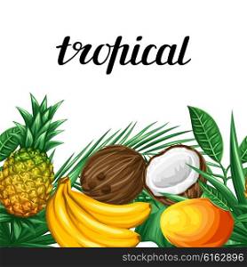 Seamless border with tropical fruits and leaves. Background made without clipping mask. Easy to use for backdrop, textile, wrapping paper.