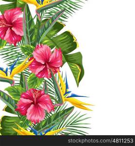 Seamless border with tropical leaves and flowers. Palms branches, bird of paradise flower, hibiscus.