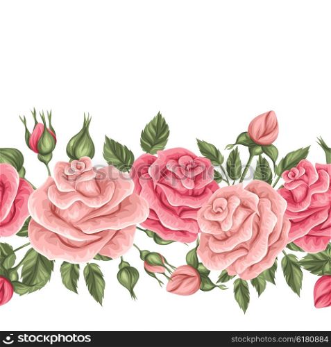 Seamless border with vintage roses. Decorative retro flowers. Easy to use for backdrop, textile, wrapping paper, wallpaper.