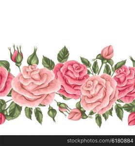 Seamless border with vintage roses. Decorative retro flowers. Easy to use for backdrop, textile, wrapping paper, wallpaper.