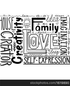 Seamless border witn lettering composition of different words. Human life values. Family, love and inspiration. Creativity and imagination. Vector black and white pattern with decoration. Seamless border witn lettering composition of different words. Human life values. Family, love and inspiration. Creativity and imagination.