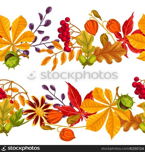 Seamless borders with autumn leaves and plants. Background easy to use for backdrop, textile, wrapping paper.
