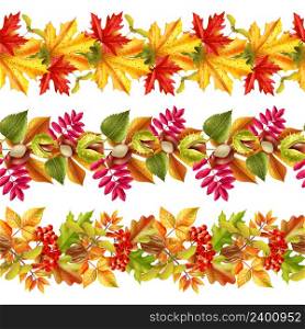Seamless borders with bright autumn leaves chestnuts and rowan on white background flat vector illustration. Autumn Leaves Seamless Border
