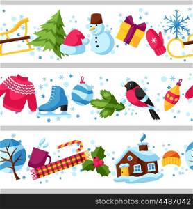 Seamless borders with winter objects. Merry Christmas, Happy New Year holiday items and symbols.