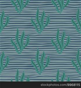 Seamless botanic aqua pattern with green seaweeds doodle ornament. Blue pale striped background. Simple print. Designed for fabric design, textile print, wrapping, cover. Vector illustration. Seamless botanic aqua pattern with green seaweeds doodle ornament. Blue pale striped background. Simple print.