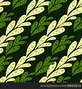 Seamless botanic nature pattern with green and yellow colored ornament shapes. Black background. Great for fabric design, textile print, wrapping, cover. Vector illustration.. Seamless botanic nature pattern with green and yellow colored ornament shapes. Black background.