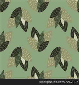 Seamless botanic pattern with brown and green leaves on pastel green background. Floral vector wallpaper with leaves. Decorative backdrop for fabric design, textile print, wrapping, cover.. Seamless botanic pattern with brown and green leaves on pastel green background.