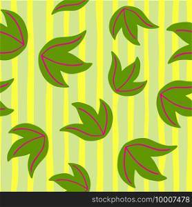 Seamless botanic pattern with green random foliage abstract print. Yellow striped background. Decorative backdrop for fabric design, textile print, wrapping, cover. Vector illustration.. Seamless botanic pattern with green random foliage abstract print. Yellow striped background.