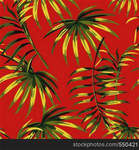 Seamless botanical composition green tropical leaves on the living coral background. Trendy vector pattern