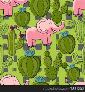 Seamless botanical illustration. Tropical pattern of different cacti, aloe. Elephants, exotic plants. Cute vector illustration. Cartoon images of cactus. Cacti, aloe, succulents. Decorative natural elements