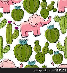 Seamless botanical illustration. Tropical pattern of different cacti, aloe. Elephants, flowering exotic plants. Cute vector illustration. Cartoon images of cactus. Cacti, aloe, succulents. Decorative natural elements