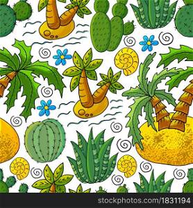 Seamless botanical illustration. Tropical pattern of different cacti, aloe, exotic animals. Shell, palm trees, colorful flowers. Cute vector illustration. Cartoon images of cactus. Cacti, aloe, succulents. Decorative natural elements