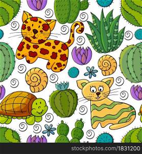 Seamless botanical illustration. Tropical pattern of different cacti, aloe, exotic animals. Turtle, leopard, cat, shells colorful flowers. Cute vector illustration. Cartoon images of cactus. Cacti, aloe, succulents. Decorative natural elements