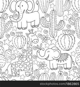 Seamless botanical illustration. Tropical pattern of different cacti, aloe, exotic animals. Elephant, giraffe, stars monochrome flowers. Seamless botanical illustration. Tropical pattern of different cacti, aloe