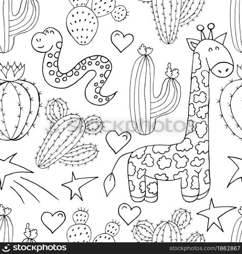 Seamless botanical illustration. Tropical pattern of different cacti, aloe, exotic animals. Giraffe, snake, stars monochrome hearts. Seamless botanical illustration. Tropical pattern of different cacti, aloe