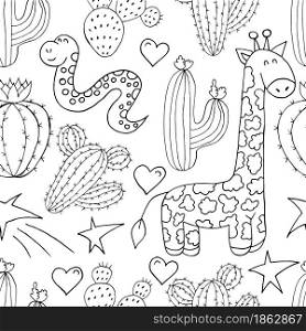 Seamless botanical illustration. Tropical pattern of different cacti, aloe, exotic animals. Giraffe, snake, stars monochrome hearts. Seamless botanical illustration. Tropical pattern of different cacti, aloe