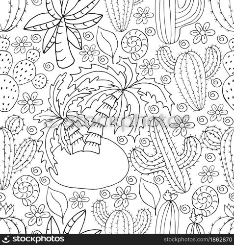 Seamless botanical illustration. Tropical pattern of different cacti, aloe, exotic animals. Palm tree, cockleshell, monochrome flowers. Seamless botanical illustration. Tropical pattern of different cacti, aloe