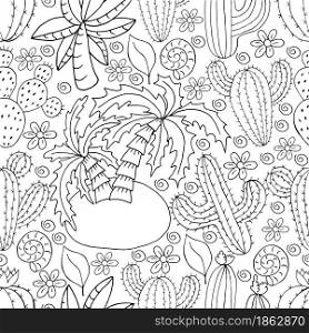 Seamless botanical illustration. Tropical pattern of different cacti, aloe, exotic animals. Palm tree, cockleshell, monochrome flowers. Seamless botanical illustration. Tropical pattern of different cacti, aloe