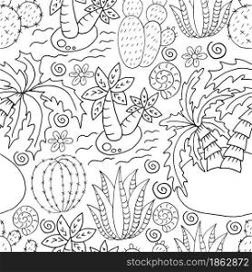 Seamless botanical illustration. Tropical pattern of different cacti, aloe, exotic animals. Shell, palm trees, monochrome flowers. Seamless botanical illustration. Tropical pattern of different cacti, aloe