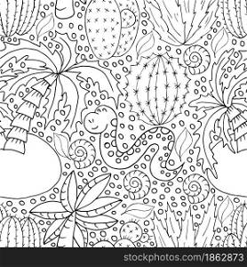 Seamless botanical illustration. Tropical pattern of different cacti, aloe, exotic animals. Shell, snake, palm trees, monochrome flowers. Seamless botanical illustration. Tropical pattern of different cacti, aloe