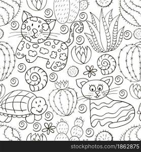 Seamless botanical illustration. Tropical pattern of different cacti, aloe, exotic animals. Turtle, leopard, cat, shells monochrome flowers. Seamless botanical illustration. Tropical pattern of different cacti, aloe