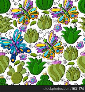 Seamless botanical illustration. Tropical pattern of different cacti, aloe, exotic animals. Butterflies, colorful flowers. Cute vector illustration. Cartoon images of cactus. Cacti, aloe, succulents. Decorative natural elements