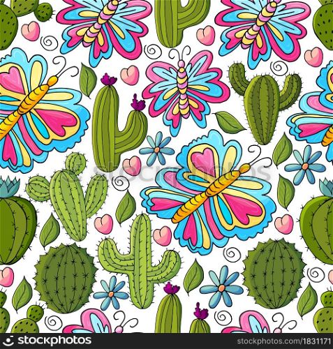 Seamless botanical illustration. Tropical pattern of different cacti, aloe, exotic animals. Butterflies, colorful flowers, hearts. Cute vector illustration. Cartoon images of cactus. Cacti, aloe, succulents. Decorative natural elements