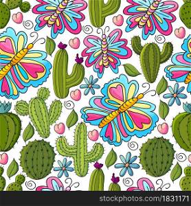 Seamless botanical illustration. Tropical pattern of different cacti, aloe, exotic animals. Butterflies, colorful flowers, hearts. Cute vector illustration. Cartoon images of cactus. Cacti, aloe, succulents. Decorative natural elements