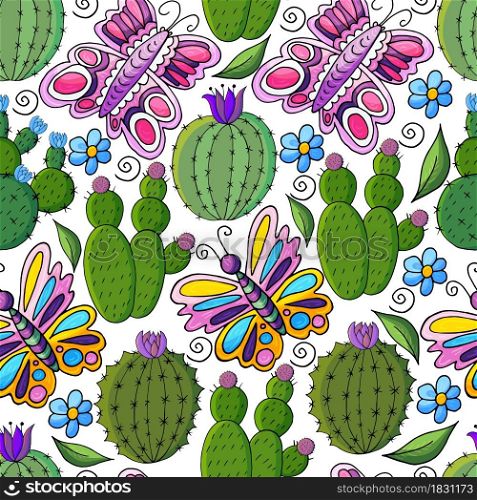 Seamless botanical illustration. Tropical pattern of different cacti, aloe, exotic animals. Butterflies, colorful flowers, leaves. Cute vector illustration. Cartoon images of cactus. Cacti, aloe, succulents. Decorative natural elements