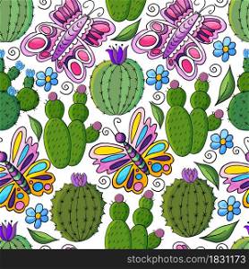 Seamless botanical illustration. Tropical pattern of different cacti, aloe, exotic animals. Butterflies, colorful flowers, leaves. Cute vector illustration. Cartoon images of cactus. Cacti, aloe, succulents. Decorative natural elements