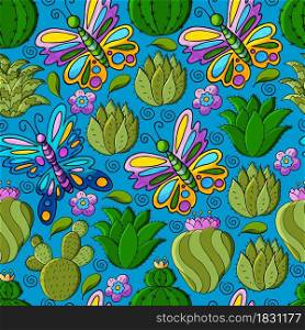 Seamless botanical illustration. Tropical pattern of different cacti, aloe, exotic animals. Butterflies, flowers. Cute vector illustration. Cartoon images of cactus. Cacti, aloe, succulents. Decorative natural elements