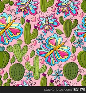 Seamless botanical illustration. Tropical pattern of different cacti, aloe, exotic animals. Butterflies, flowers hearts. Cute vector illustration. Cartoon images of cactus. Cacti, aloe, succulents. Decorative natural elements