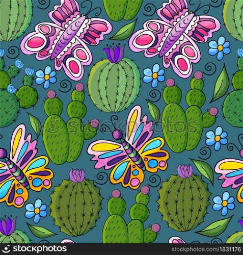 Seamless botanical illustration. Tropical pattern of different cacti, aloe, exotic animals. Butterflies, flowers leaves. Cute vector illustration. Cartoon images of cactus. Cacti, aloe, succulents. Decorative natural elements