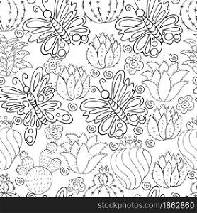 Seamless botanical illustration. Tropical pattern of different cacti, aloe, exotic animals. Butterflies, monochrome flowers. Seamless botanical illustration. Tropical pattern of different cacti, aloe