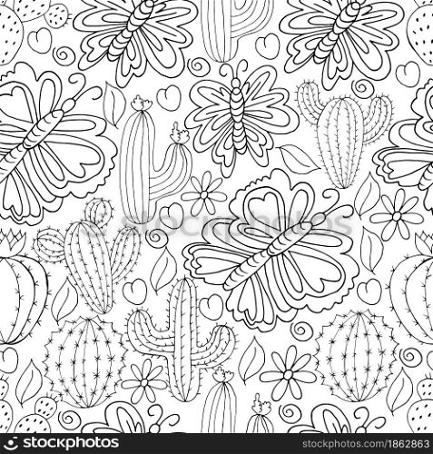 Seamless botanical illustration. Tropical pattern of different cacti, aloe, exotic animals. Butterflies, monochrome flowers, hearts. Seamless botanical illustration. Tropical pattern of different cacti, aloe